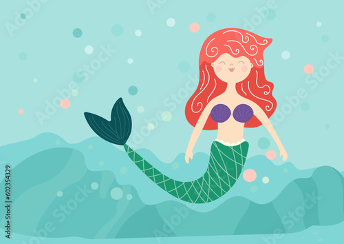mermaid in the sea flat  vector illustration
