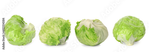 Collage with fresh iceberg lettuce heads on white background