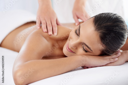 Smile  spa and woman with luxury  massage and stress relief with self care  wellness and body care. Masseuse  female person a girl with skincare  grooming and holistic treatment with hands and zen