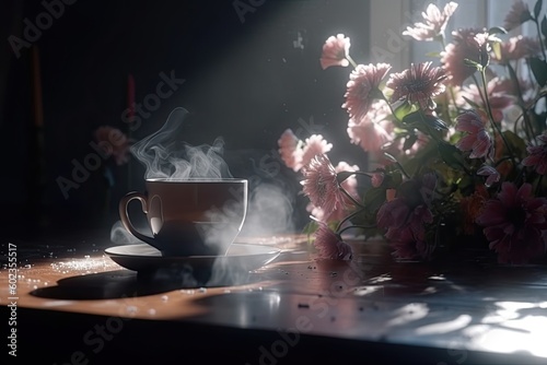 Fototapeta Naklejka Na Ścianę i Meble -  close-up of a cup with tea and an orchid flower in sunrays in dark room.