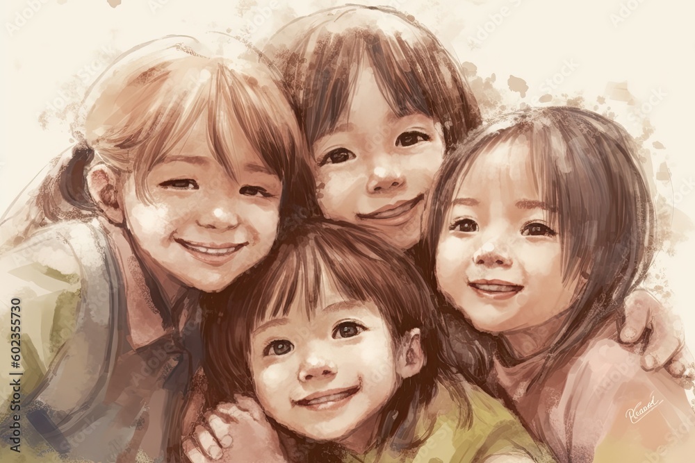 group of happy children. Illustration in watercolor painting style. Generative AI. group of happy children. Illustration in watercolor painting style. Generative AI.
