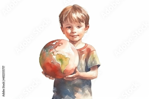  A fictional smiling boy holding a globe in her hand on a white background. Watercolor style illustration. Generative AI