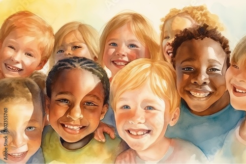 group of happy children. Illustration in watercolor painting style. Generative AI.