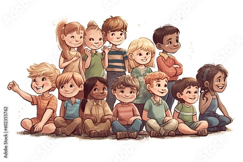 group of happy children isolated on white background. Illustration in watercolor painting style. Generative AI.