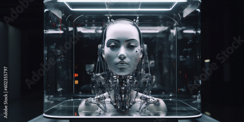 Beautiful female cyber fashion head of robot on the futuristic techno background. Artificial Intelligence. Quantum computer. AI Generative