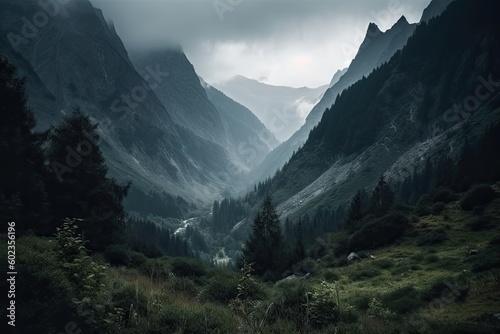 Moody view of high mountains. Generative AI