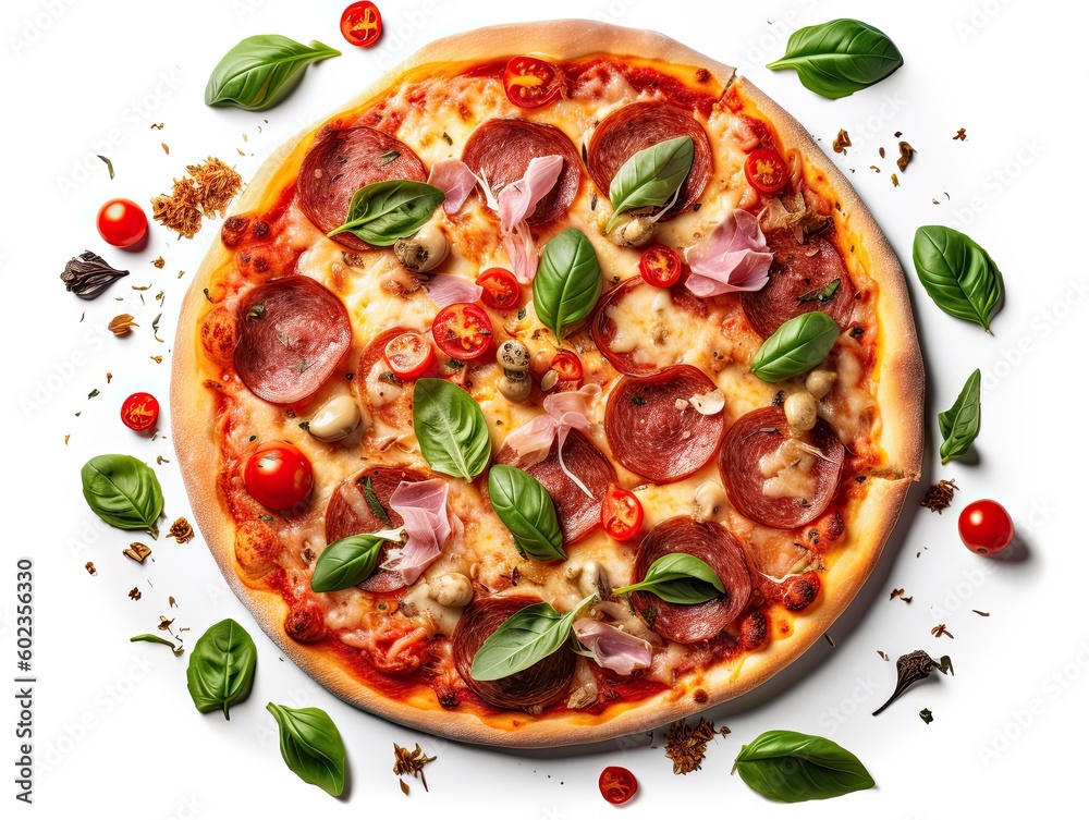 Italian pizza on a white background. top view. Generative AI.