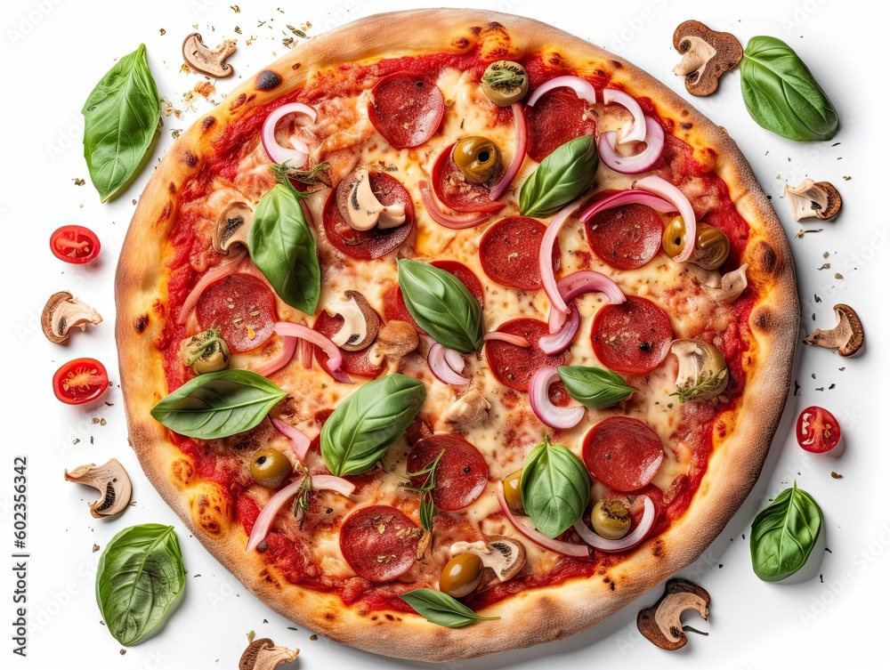 Italian pizza on a white background. top view. Generative AI. Italian pizza on a white background. top view. Generative AI.