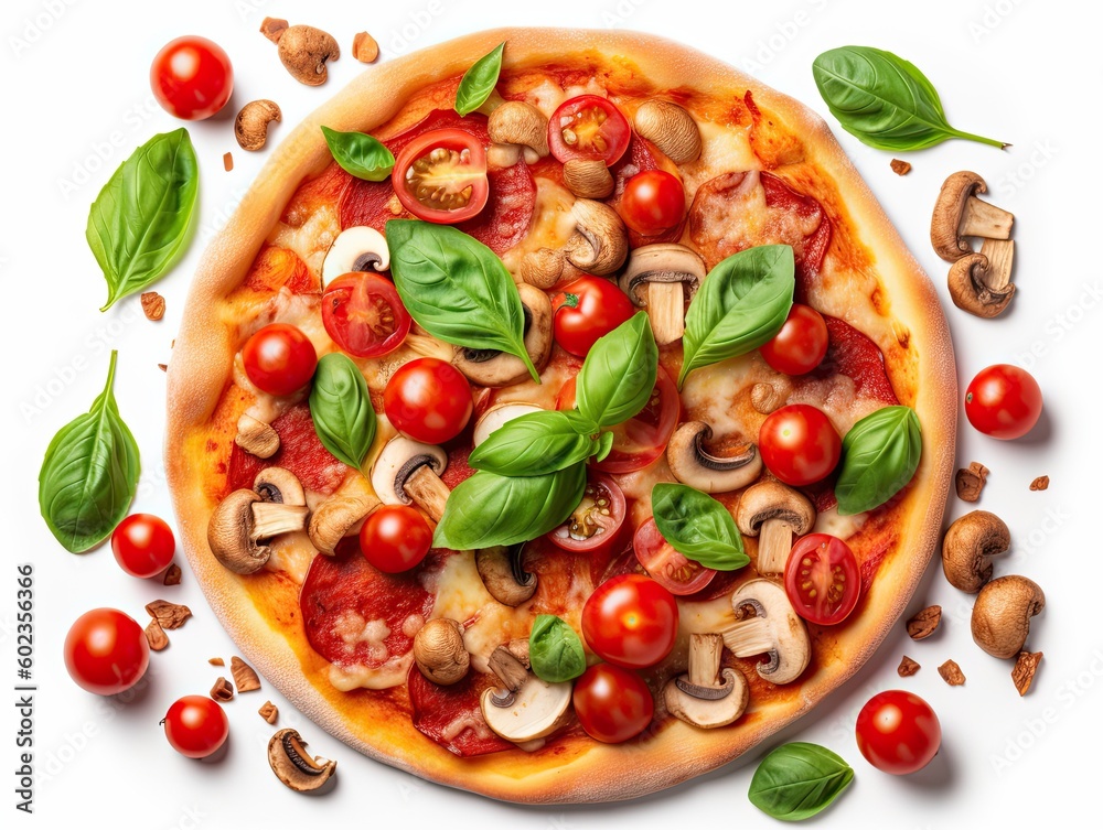 Italian pizza on a white background. top view. Generative AI. Italian pizza on a white background. top view. Generative AI.