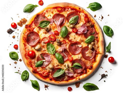 Italian pizza on a white background. top view. Generative AI.