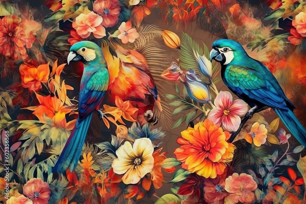 Fototapeta premium Exotic tropical aesthetic pattern with macaws and flowers in bright colors and lush vegetation, generative AI