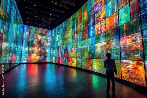 a person watching a video wall with multimedia images on different television screens, generative ai