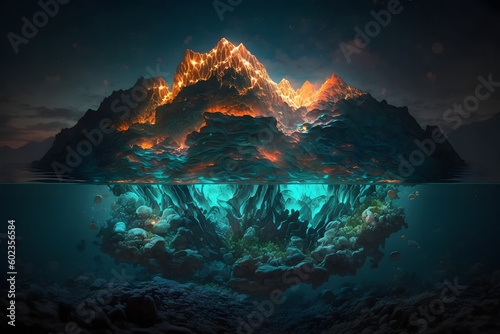 Glowing Mountain On Underwater Environtment Background