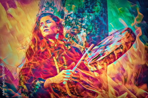 beautiful shamanic girl playing on shaman frame drum in the nature. Fire background.