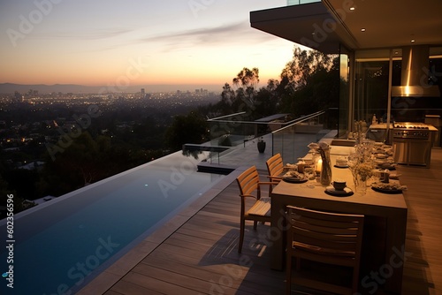 magnificent outdoor kitchen in a luxurious villa with pool, generative ai © FrankBoston