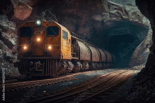 illustration, an underground railway for transportation in the mine, ai generative