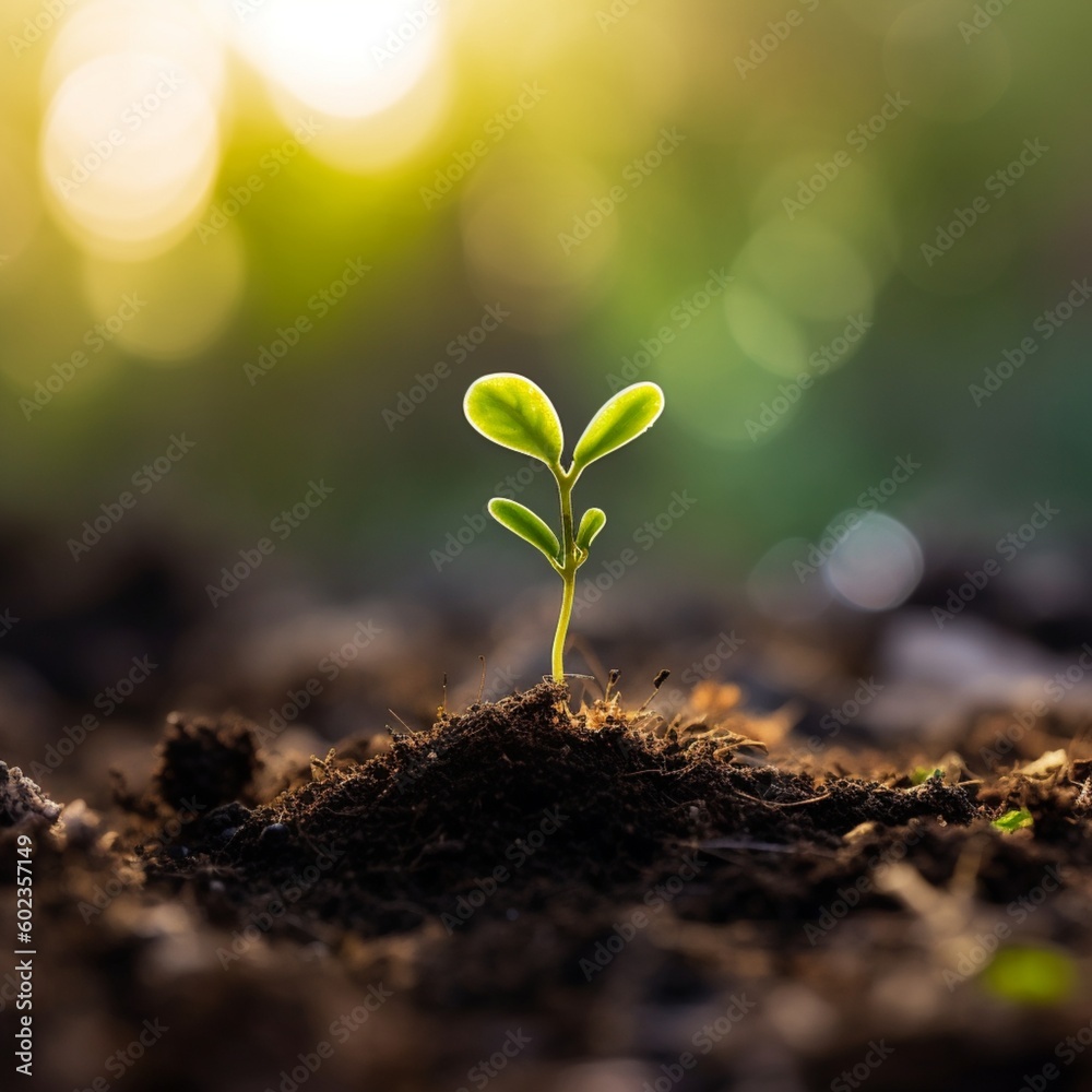 Small green plant is growing in a soil in sunlight Small green plant is growing in a soil in sunlight