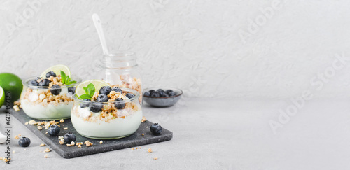 Crunchy Granola with Yogurt, Lime and Blueberries, Dessert Parfait, Healthy Snack or Breakfast on Bright Background