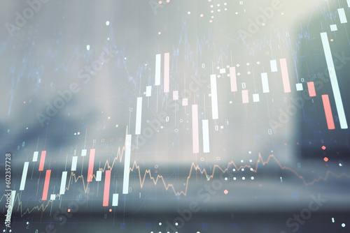 Wallpaper Mural Multi exposure of abstract virtual financial graph hologram on blurry modern office building background, forex and investment concept Torontodigital.ca