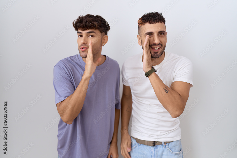 Homosexual gay couple standing over white background hand on mouth telling secret rumor, whispering malicious talk conversation Homosexual gay couple standing over white background hand on mouth telling secret rumor, whispering malicious talk conversation