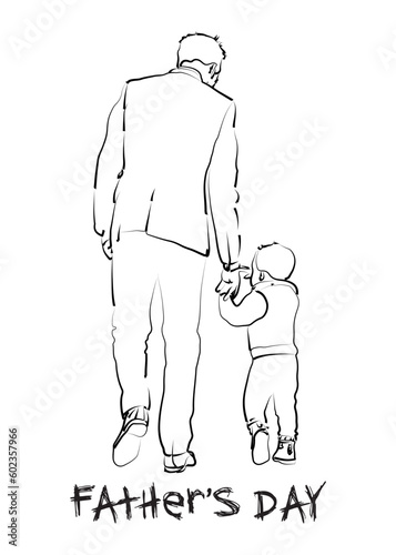 Happy Fathers Day Concept Line Art. Little Kid Holding Father's Hand and Walking. 