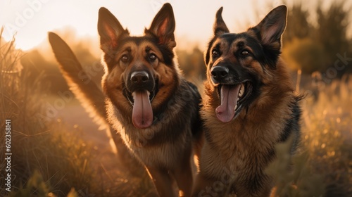 A German Shepherds dogs are having fun running around in the meadow Generative AI AIG18. photo