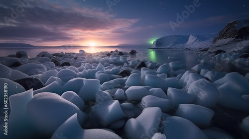 A green aurora borealis lights over a rocky beach. Generative AI.