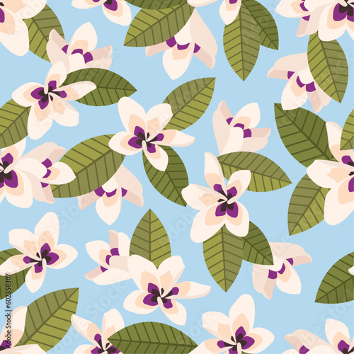 Seamless pattern with plumeria flowers  rich leaves  fresh foliage. Nature design with sakura blossoms for wrapping paper  cover  fabric  interior decor  stationery design  print  wallpaper. Vector