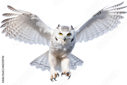 A white owl is flying in the air. Generative AI.
