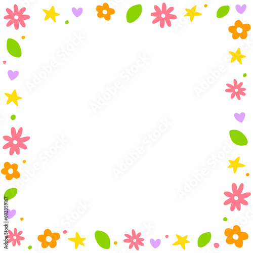 Cute Confetti Daisy Flower Heart Star Leaf Sprinkle Sparkle Flower Ditsy Shine Dot Doodle Handdrawn Colorful Square Card Border Frame Template Banner Copy Space for Spring Summer Party Celebration