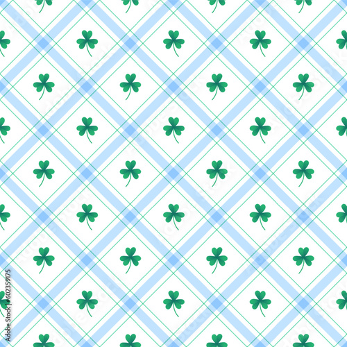 Cute Shamrock Lucky Irish leaf Element Blue Green Diagonal Stripe Striped Line Tilt Checkered Plaid Tartan Buffalo Scott Gingham Pattern Illustration Wrapping Paper, Picnic Mat, Scarf, Tablecloth, 