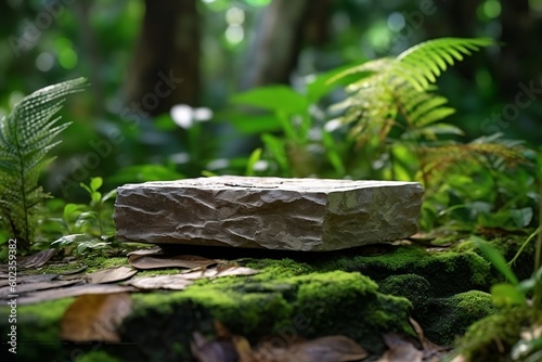 old wood and stone bench mockup forest background platform
