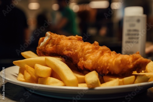 Fish and chips on a plate with coleslaw in the background - made with generative AI