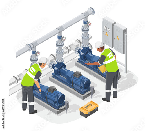 Industrial Water Pumps system room technician and Engineer inspection and Maintenance Service Factory working concept isometric isolated cartoon