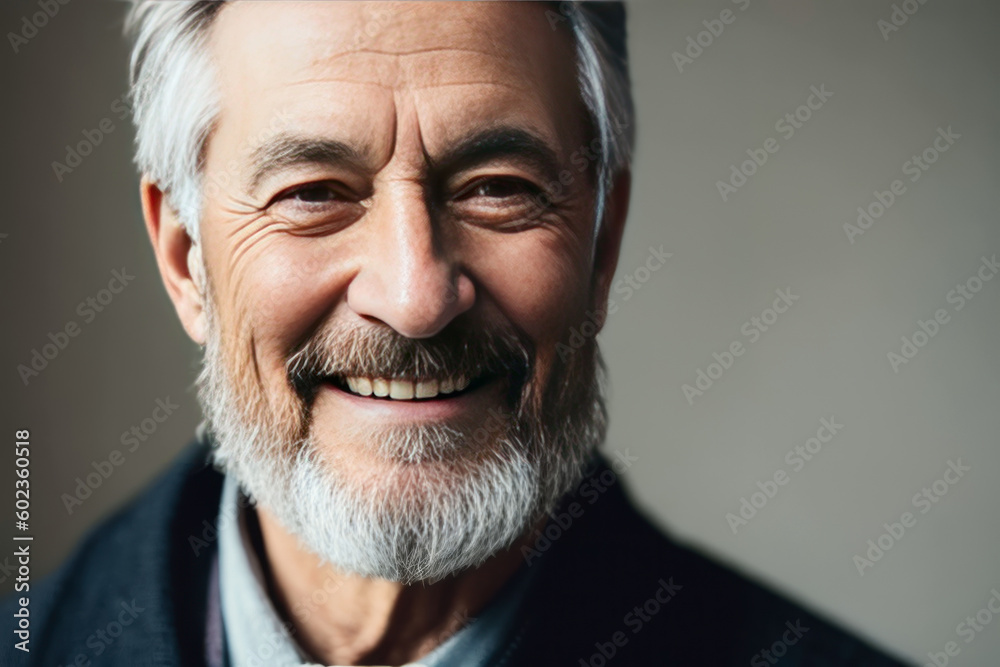 Portrait of the mature bearded man with a cheerful smile wearing a sweatshirt. Concept of active age. Generative AI Portrait of the mature bearded man with a cheerful smile wearing a sweatshirt. Concept of active age. Generative AI