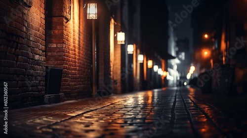 illustration, street old brick wall decorated with night lanterns, ai generative