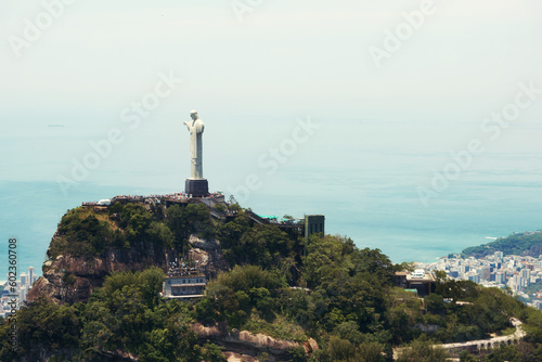 Landscape, monument and Christ the Redeemer in Brazil for tourism, sightseeing and travel destination. Traveling mockup, Rio de Janeiro and aerial view of statue, sculpture and landmark on mountain