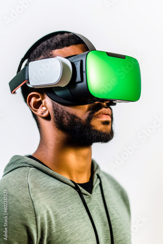 Close-up shot of a young man using a virtual reality headset on a white background - ai generative © Giordano Aita