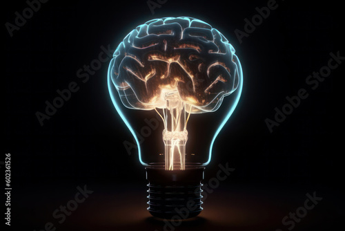 Glowing brain inside a light bulb represents the power of inspiration and the potential for innovative thinking. This image is perfect for showcasing the concept of cognitive insight. AI Generative
