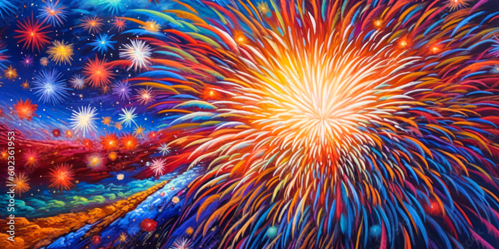 Fireworks painting, 4th of July. Generative AI