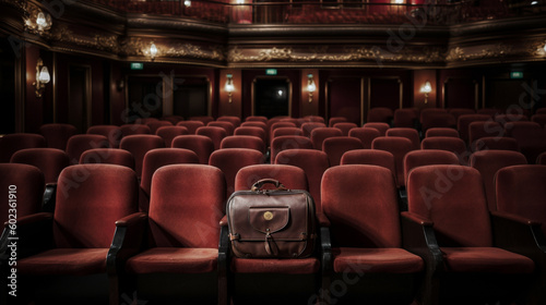 Burgundy chairs in the opera house and someone left a men's professor's bag.