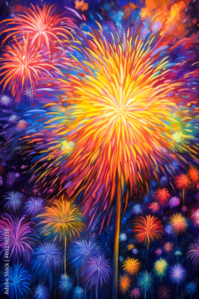 Fireworks painting, 4th of July, New Year's Eve. Generative AI Fireworks painting, 4th of July, New Year's Eve. Generative AI