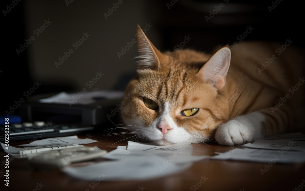 bored cat on working table created with Generative AI technology bored cat on working table created with Generative AI technology