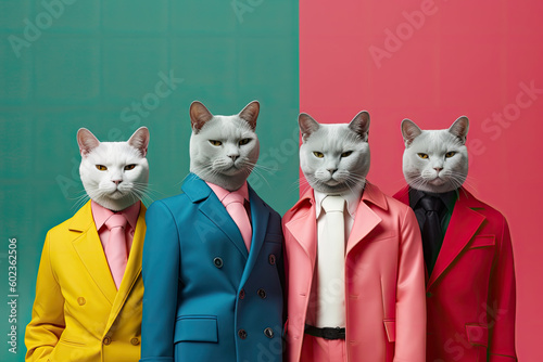 Cool cat boy band with colorful suit created with Generative AI technology