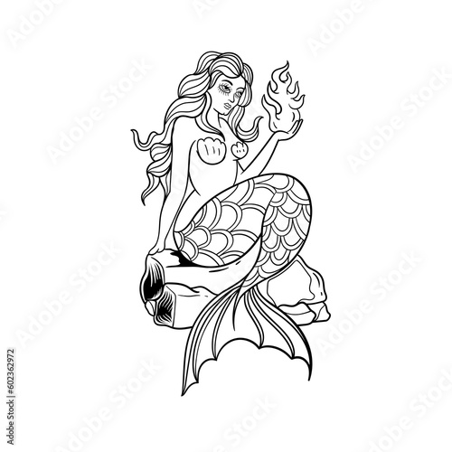 Hand drawn illustration of a mermaid outline