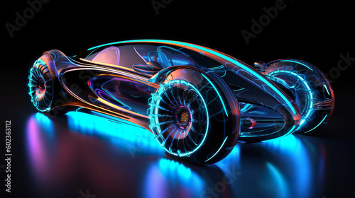 A futuristic car with glowing wheels on a black surface. Generative AI.