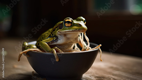 frog in noodles bowl, frog eating noodles created with Generative AI technology