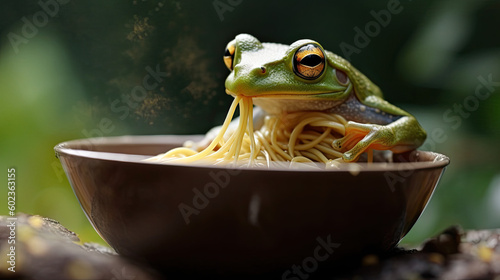 frog in noodles bowl, frog eating noodles created with Generative AI technology
