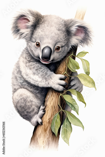 Acuarela de un adorable bebé koala subido a una rama de arbol de eucalipto photo
