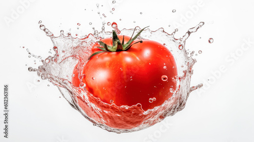 Tomate rojo con agua salpicando sobre fondo blanco. Ilustracion de IA generativa